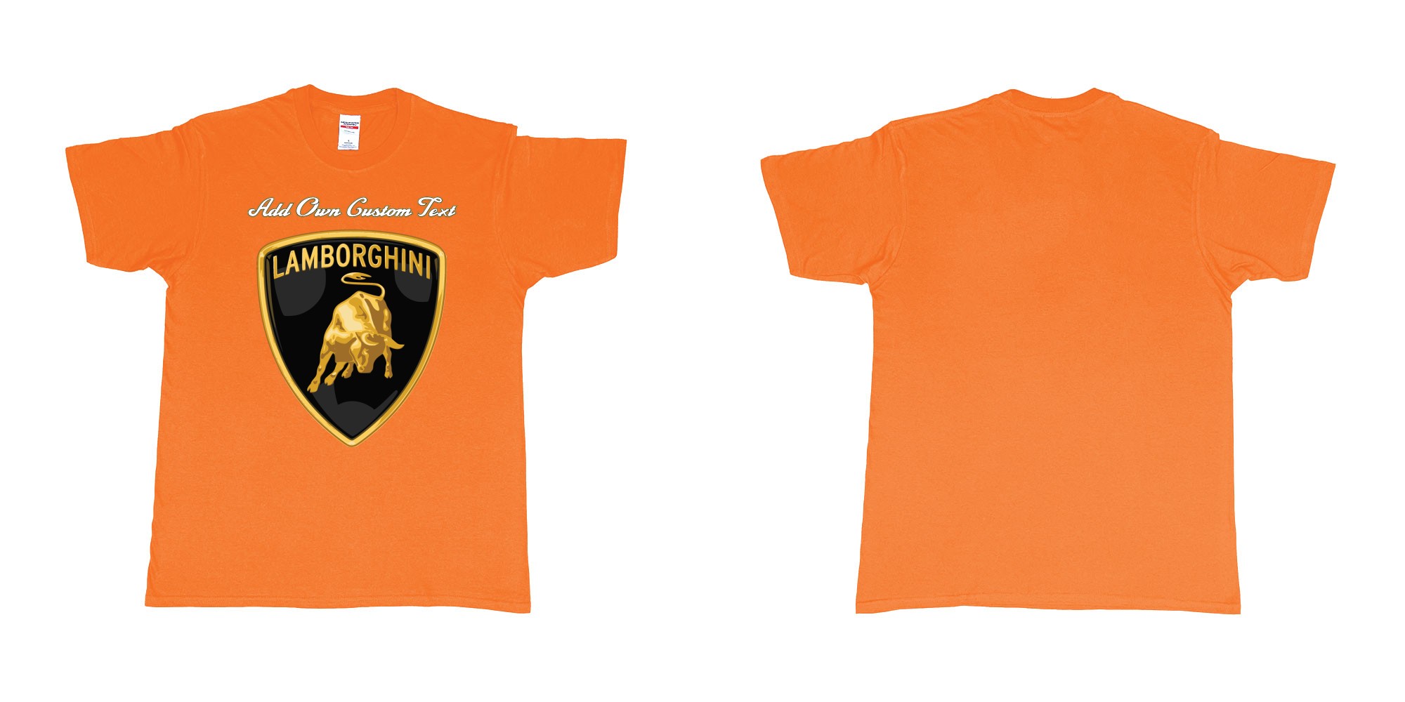 Custom tshirt design lamborghini logo tshirt printing add own text in fabric color orange choice your own text made in Bali by The Pirate Way
