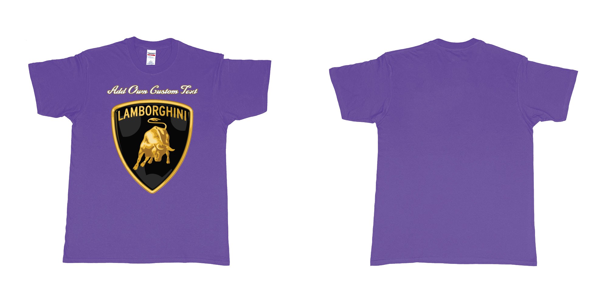 Custom tshirt design lamborghini logo tshirt printing add own text in fabric color purple choice your own text made in Bali by The Pirate Way