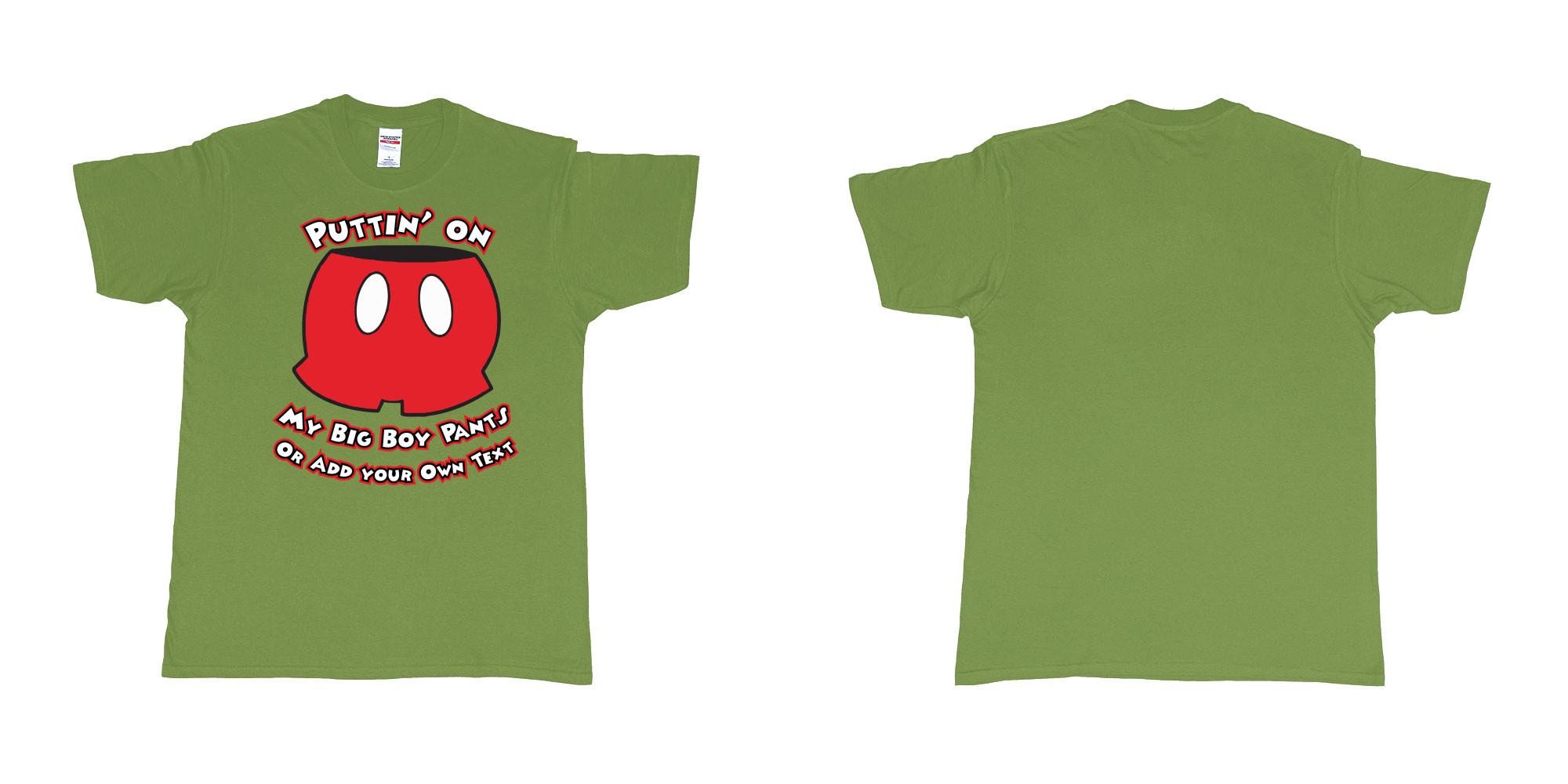 Custom tshirt design mickey mouse putting on my big boy pants in fabric color military-green choice your own text made in Bali by The Pirate Way