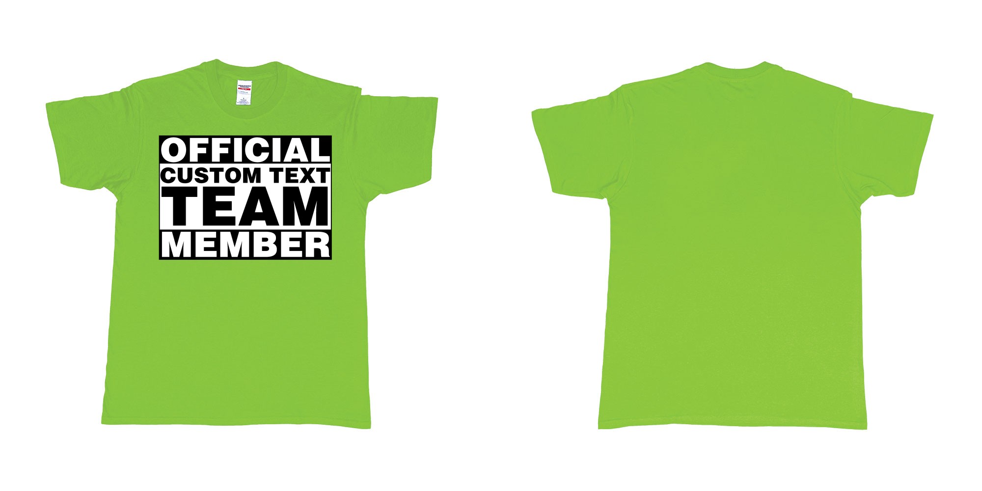 Custom tshirt design official custom text team member in fabric color lime choice your own text made in Bali by The Pirate Way