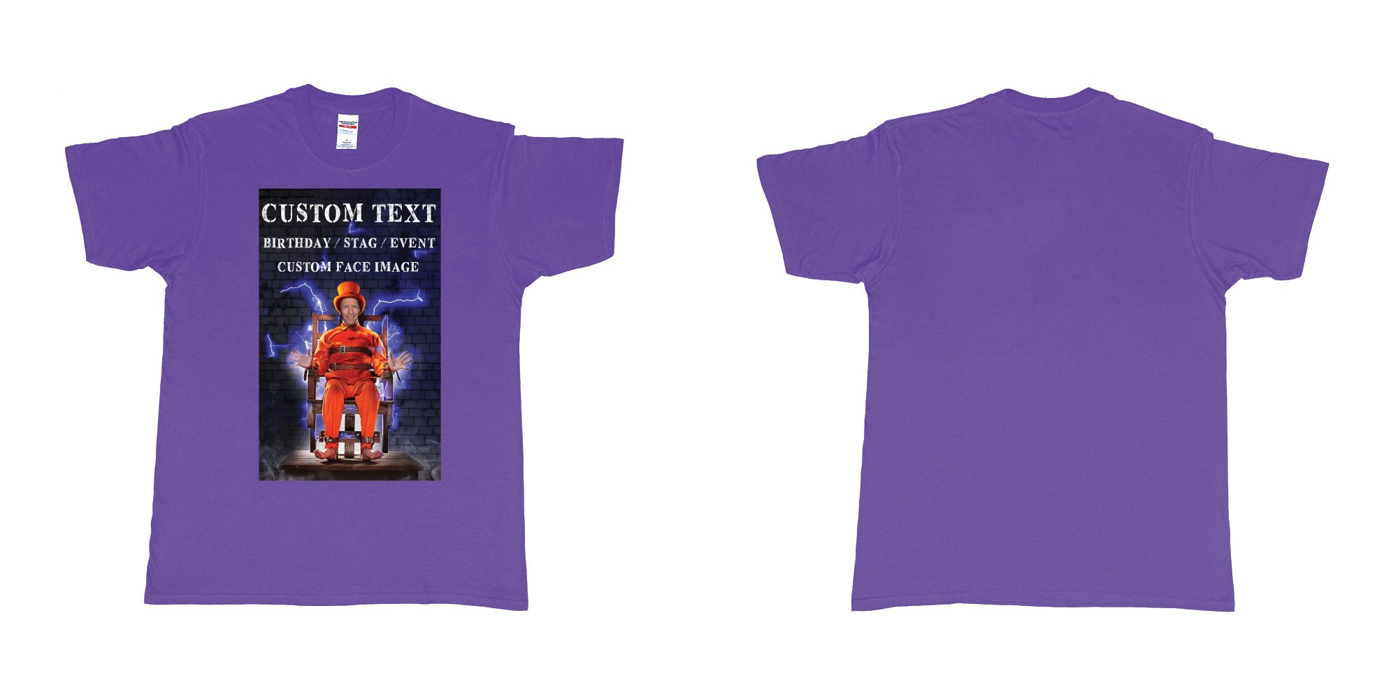 Custom tshirt design stevo guilty as charged custom face image electric chair in fabric color purple choice your own text made in Bali by The Pirate Way