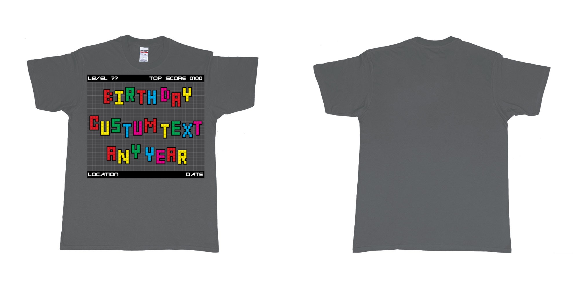 Custom tshirt design tetris block custom text birthday in fabric color charcoal choice your own text made in Bali by The Pirate Way