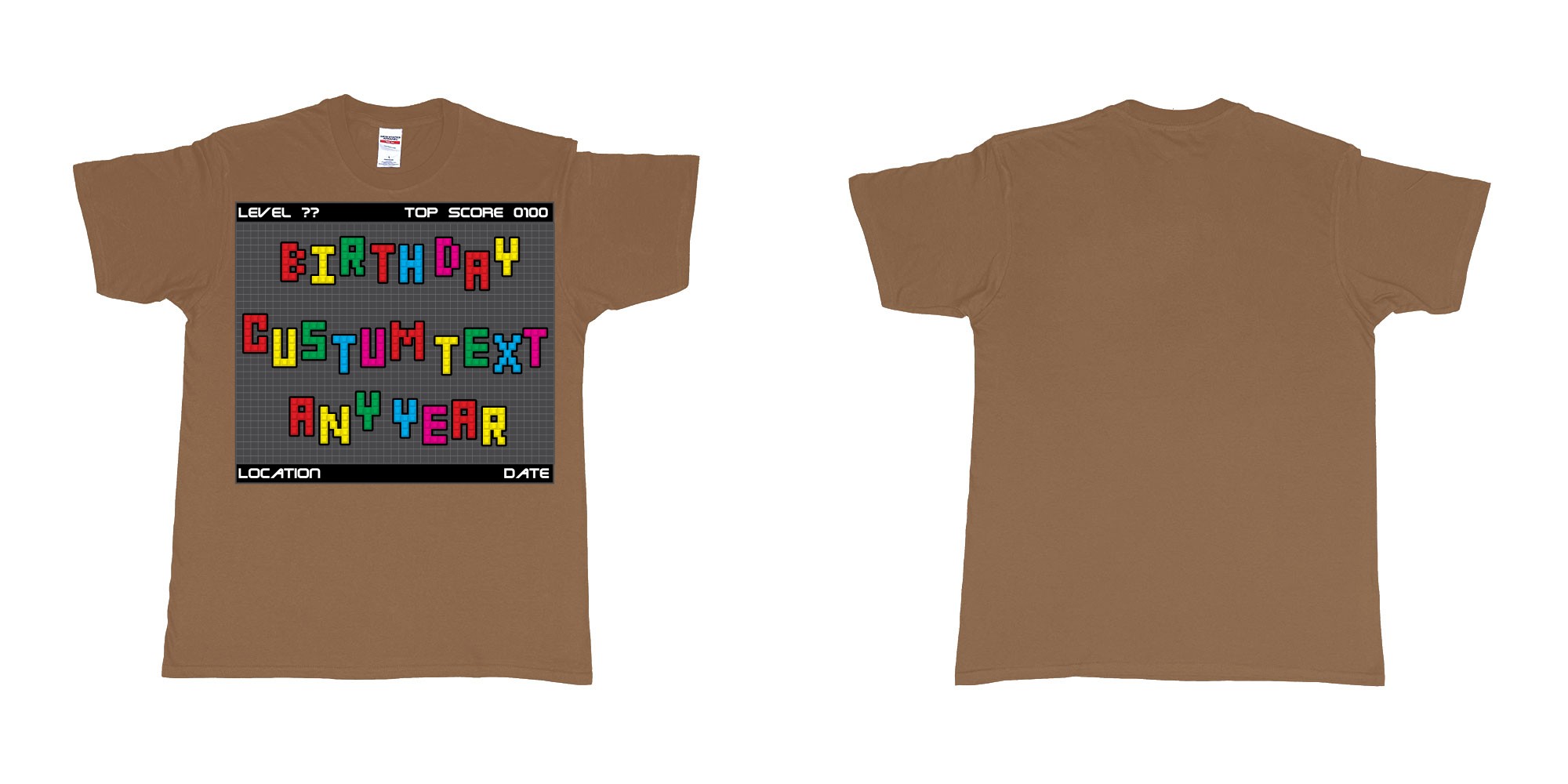 Custom tshirt design tetris block custom text birthday in fabric color chestnut choice your own text made in Bali by The Pirate Way