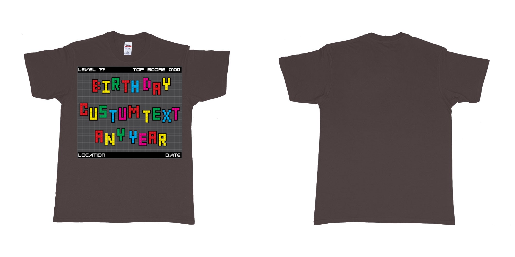 Custom tshirt design tetris block custom text birthday in fabric color dark-chocolate choice your own text made in Bali by The Pirate Way