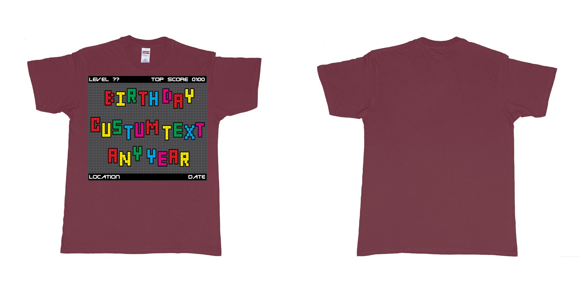 Custom tshirt design tetris block custom text birthday in fabric color marron choice your own text made in Bali by The Pirate Way