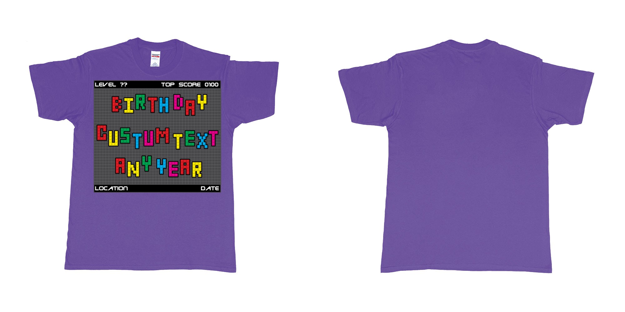 Custom tshirt design tetris block custom text birthday in fabric color purple choice your own text made in Bali by The Pirate Way