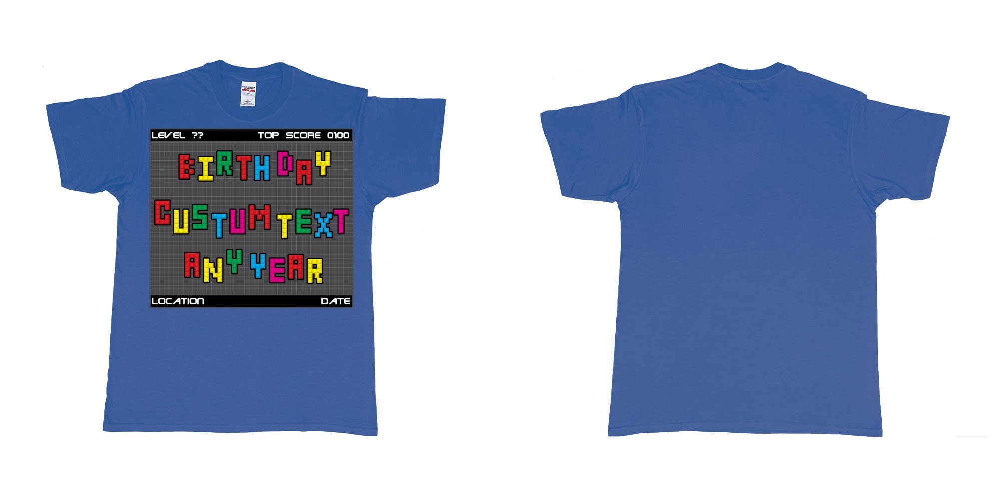 Custom tshirt design tetris block custom text birthday in fabric color royal-blue choice your own text made in Bali by The Pirate Way