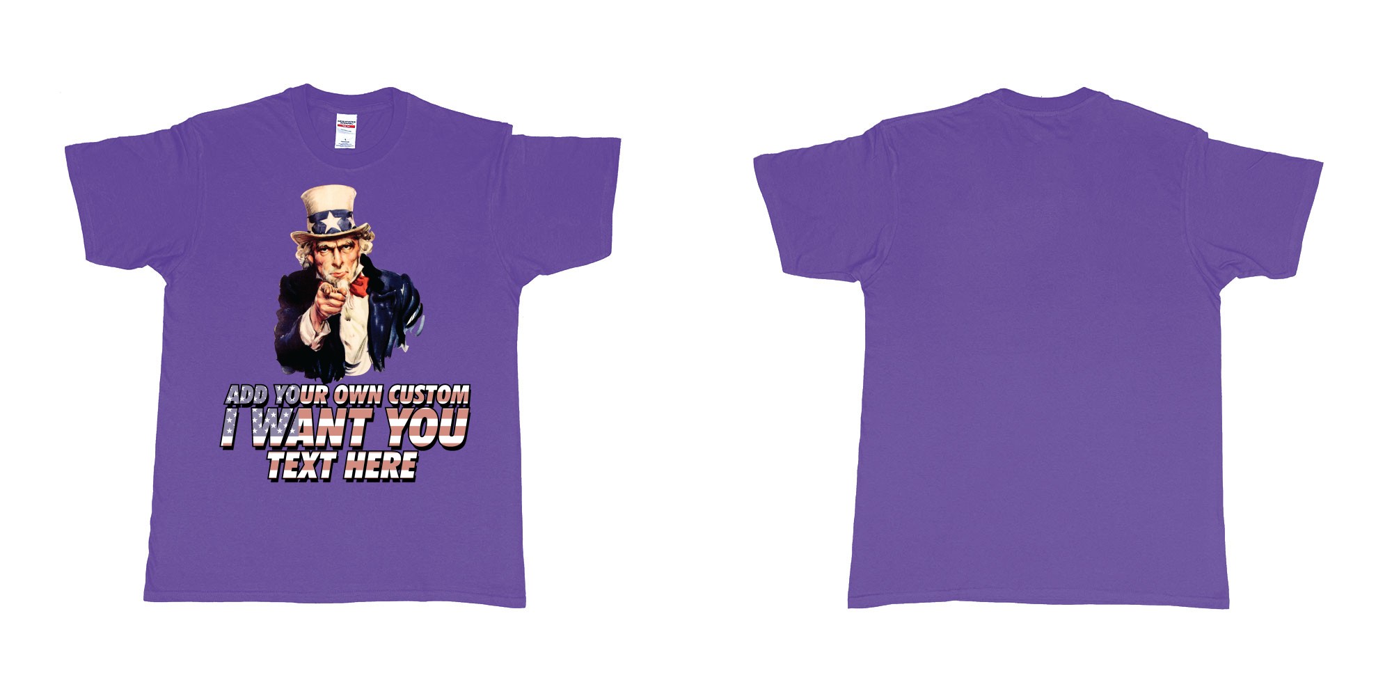 Custom tshirt design uncle sam i want you custom design own printing in fabric color purple choice your own text made in Bali by The Pirate Way