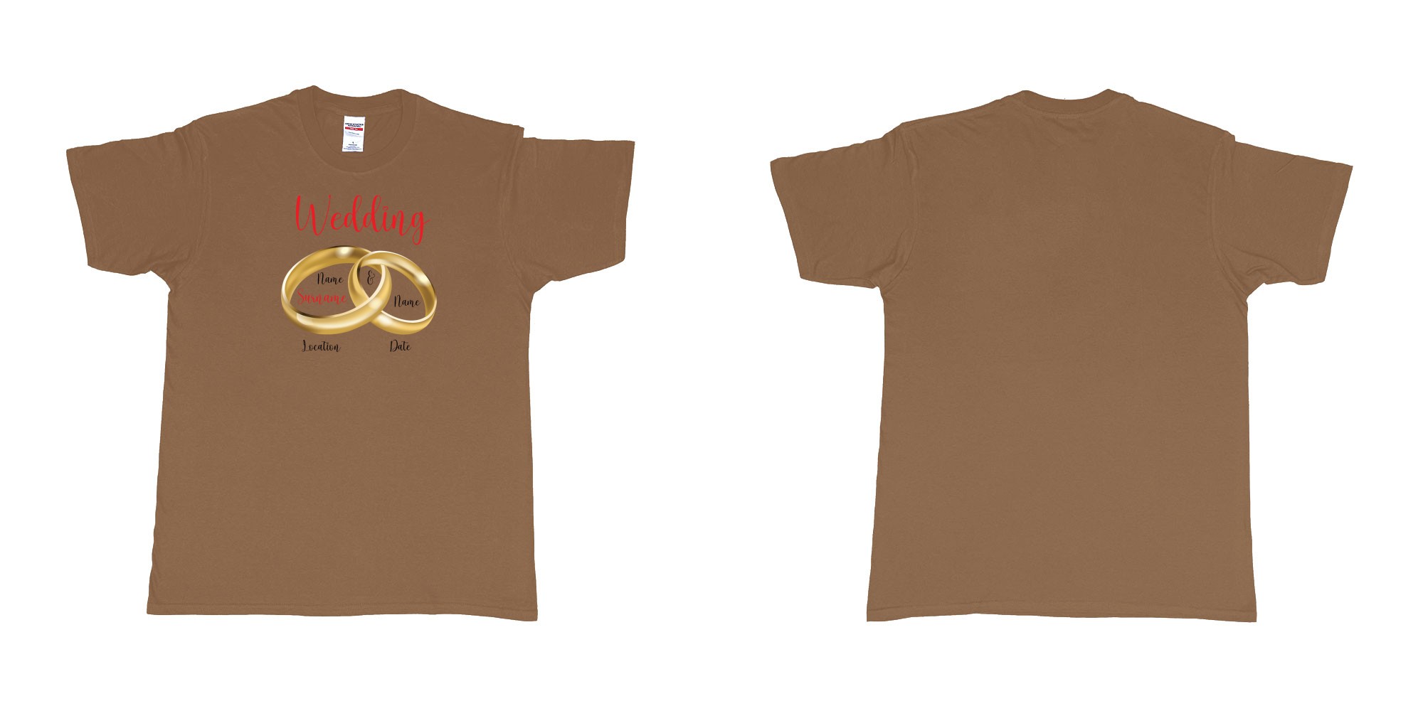 Custom tshirt design wedding rings in fabric color chestnut choice your own text made in Bali by The Pirate Way