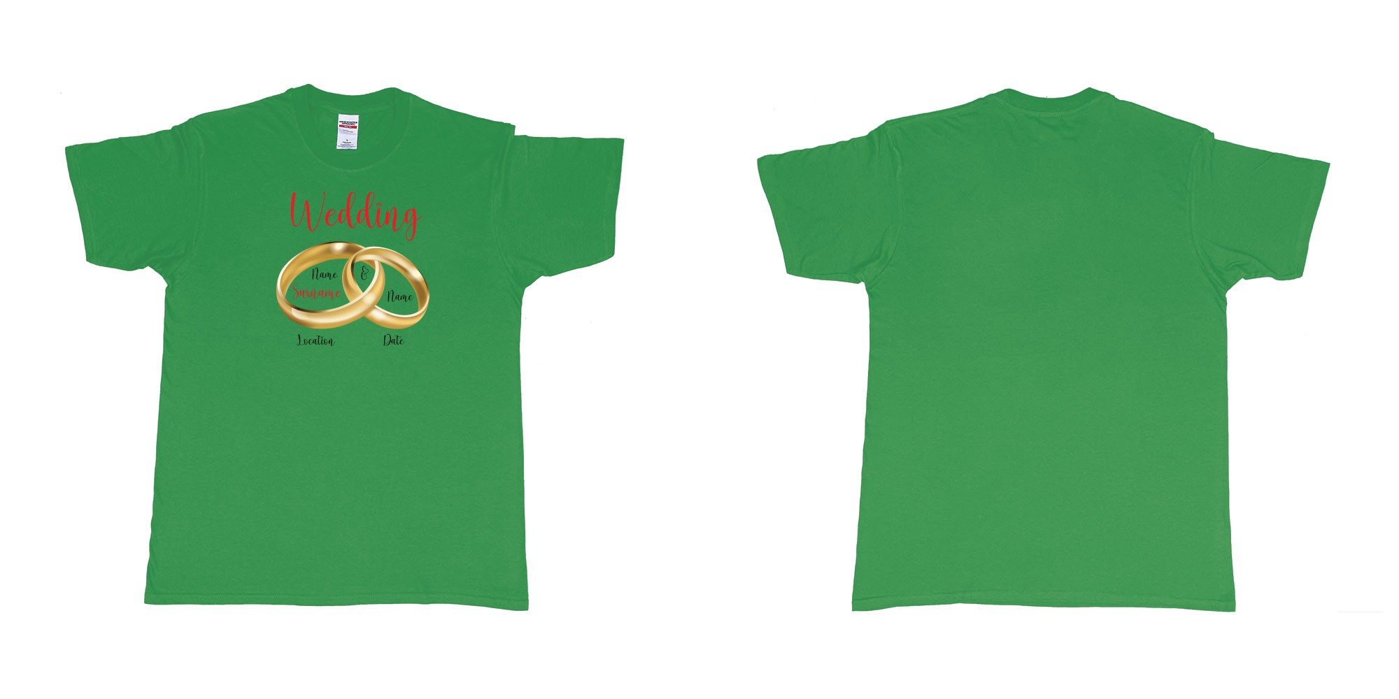 Custom tshirt design wedding rings in fabric color irish-green choice your own text made in Bali by The Pirate Way