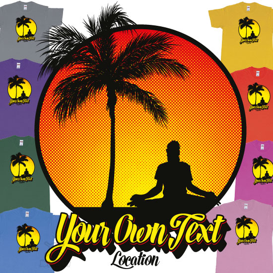 Yoga Palmtree Sunset Halftone Your own text Location Screen Printing Bali