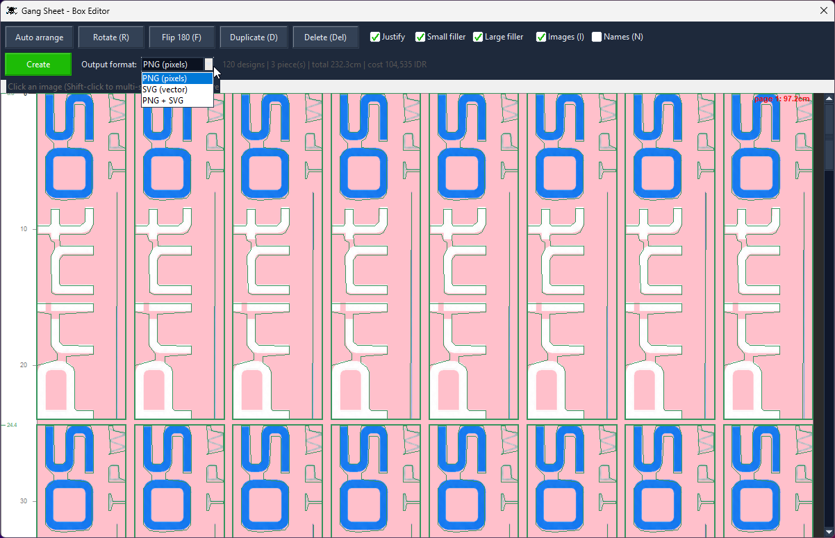 Gang Sheet box editor with the output format menu open