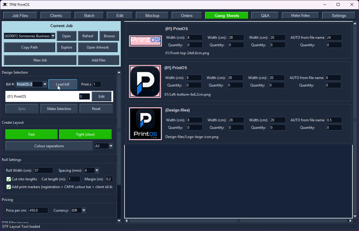 Gang Sheets: design selection, load bill and roll settings