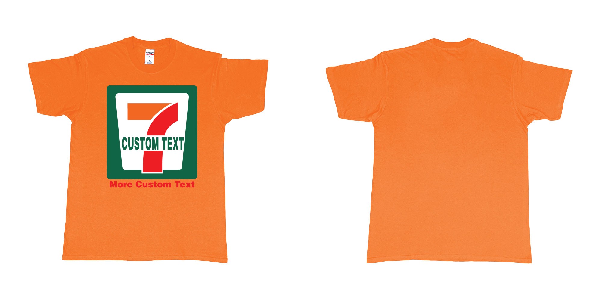 Custom tshirt design 7 eleven custom logo own print text bali in fabric color orange choice your own text made in Bali by The Pirate Way