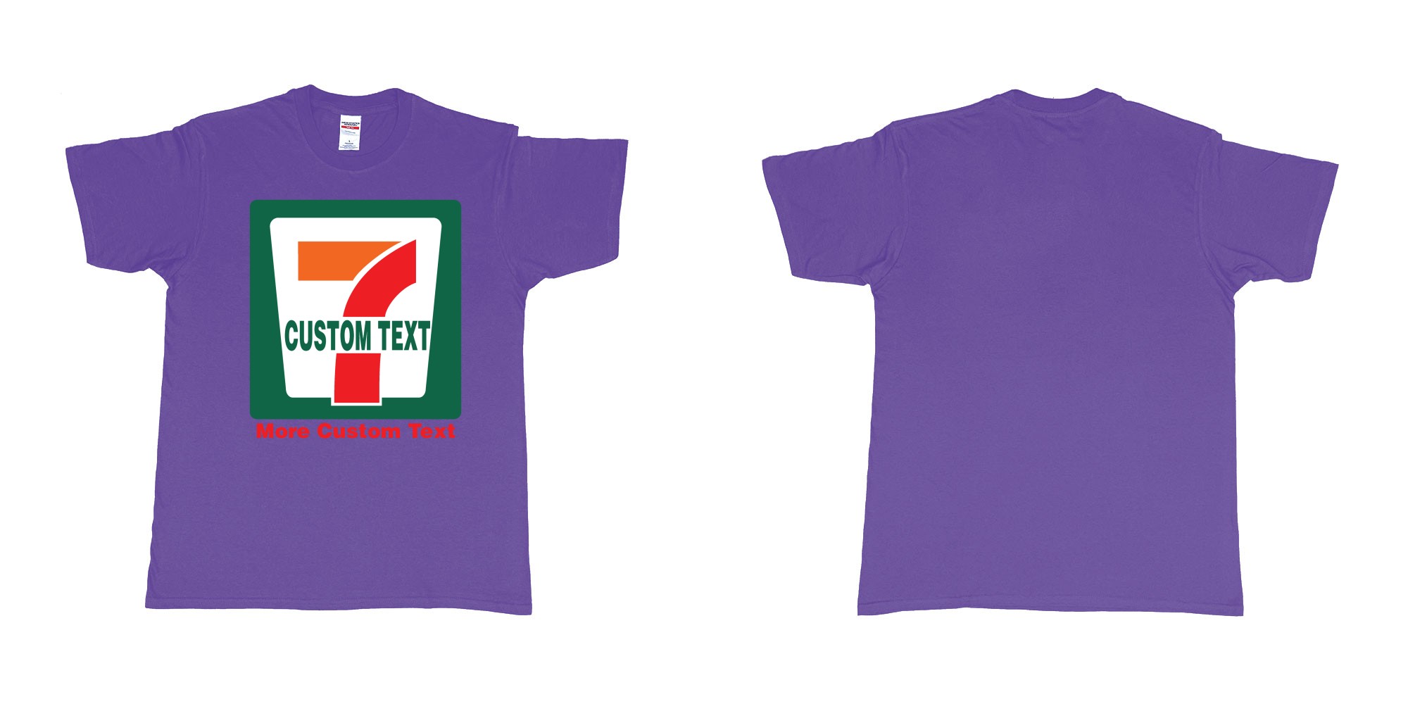 Custom tshirt design 7 eleven custom logo own print text bali in fabric color purple choice your own text made in Bali by The Pirate Way