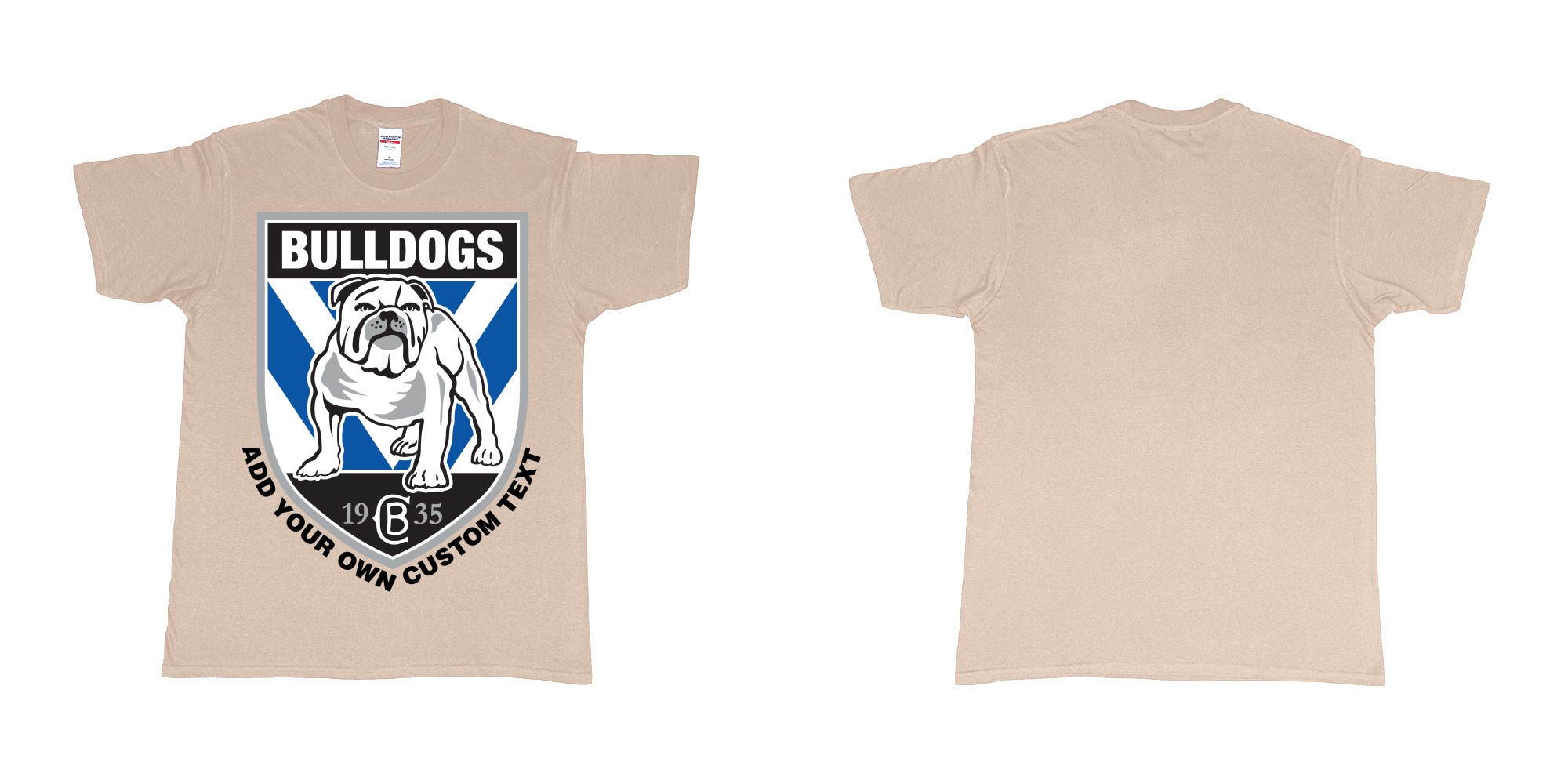 Custom tshirt design NRL canterbury bankstown bulldogs custom logo design print in fabric color sand choice your own text made in Bali by The Pirate Way
