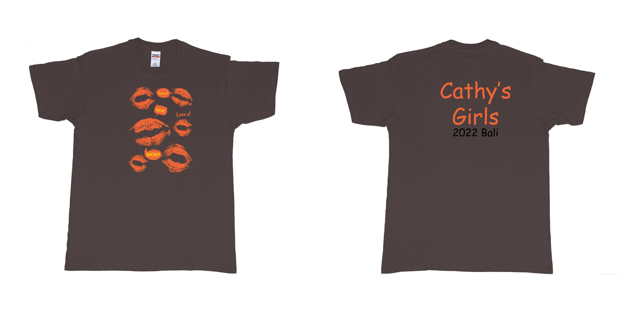 Custom tshirt design TPW kissing lips cathys girls bali in fabric color dark-chocolate choice your own text made in Bali by The Pirate Way