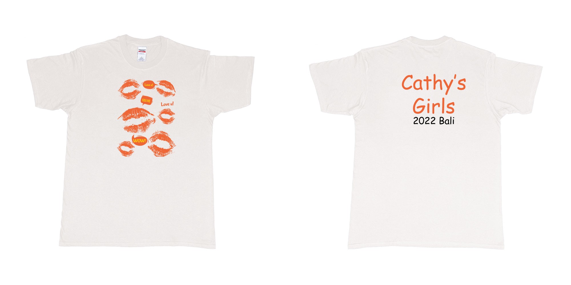 Custom tshirt design TPW kissing lips cathys girls bali in fabric color white choice your own text made in Bali by The Pirate Way