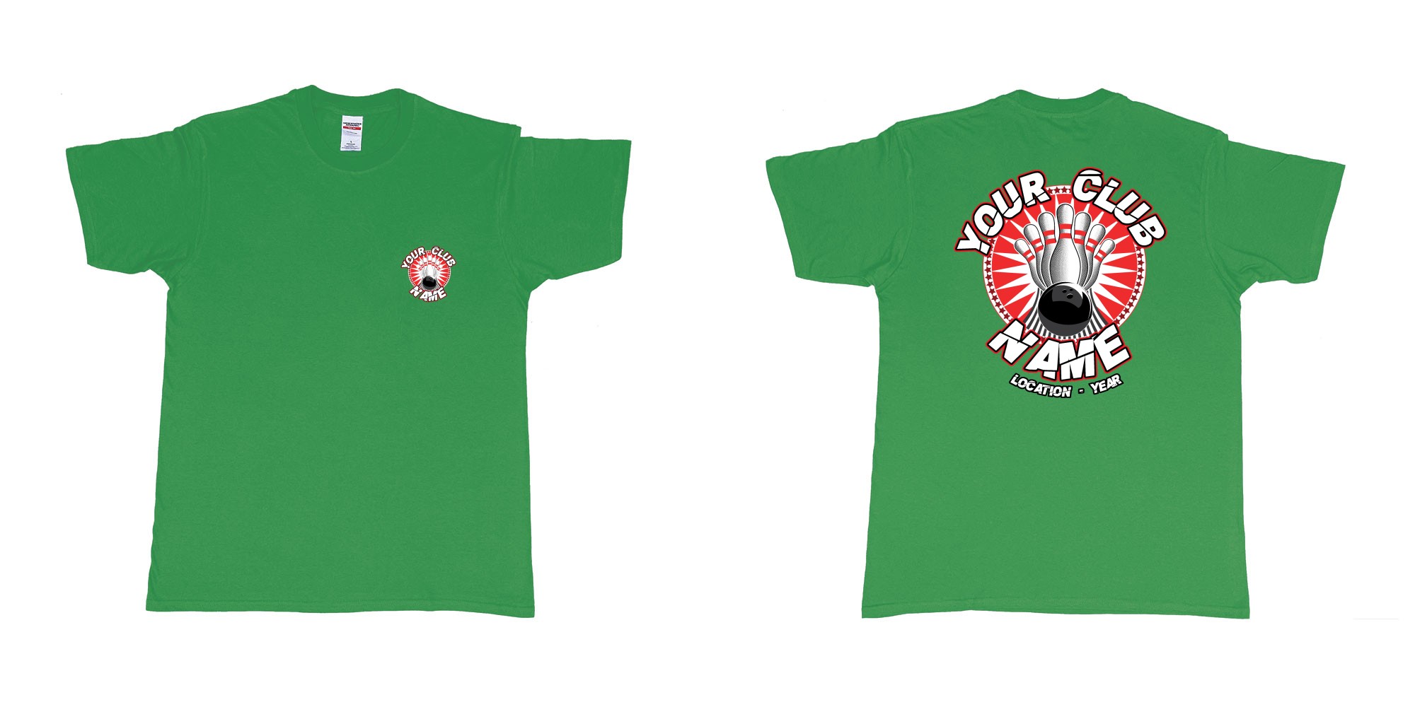 Custom tshirt design TPW strike bowling in fabric color irish-green choice your own text made in Bali by The Pirate Way