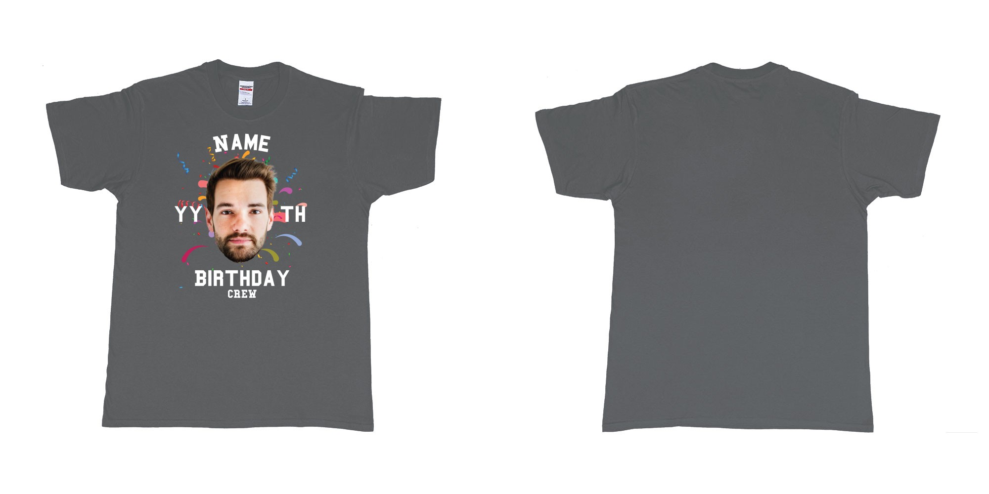 Custom tshirt design add own picture custom face confetti name year th birthday bash crew bali tshirt print in fabric color charcoal choice your own text made in Bali by The Pirate Way