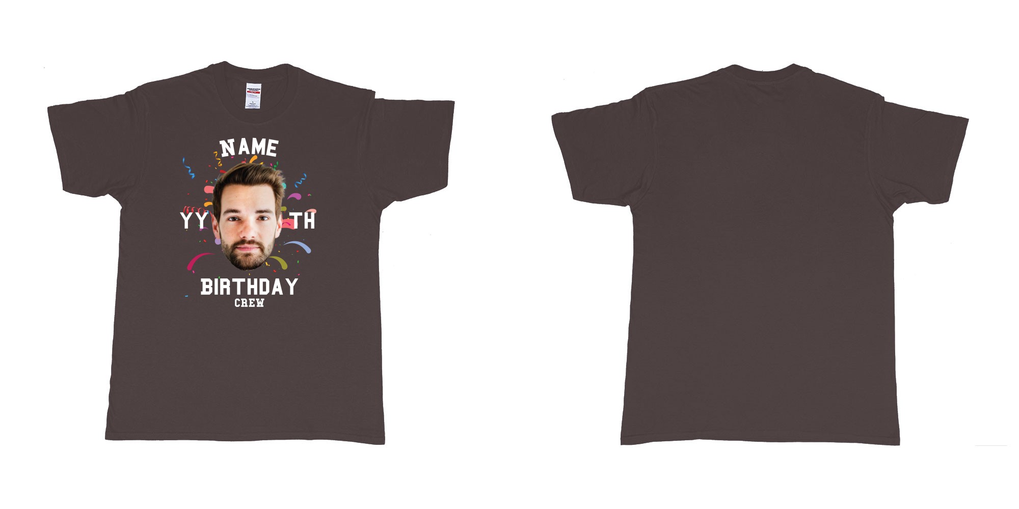 Custom tshirt design add own picture custom face confetti name year th birthday bash crew bali tshirt print in fabric color dark-chocolate choice your own text made in Bali by The Pirate Way