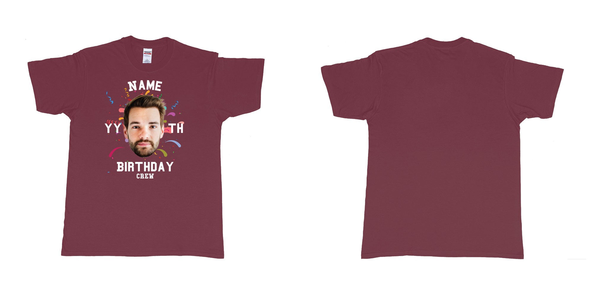 Custom tshirt design add own picture custom face confetti name year th birthday bash crew bali tshirt print in fabric color marron choice your own text made in Bali by The Pirate Way