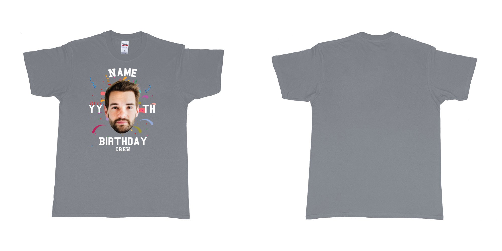 Custom tshirt design add own picture custom face confetti name year th birthday bash crew bali tshirt print in fabric color misty choice your own text made in Bali by The Pirate Way