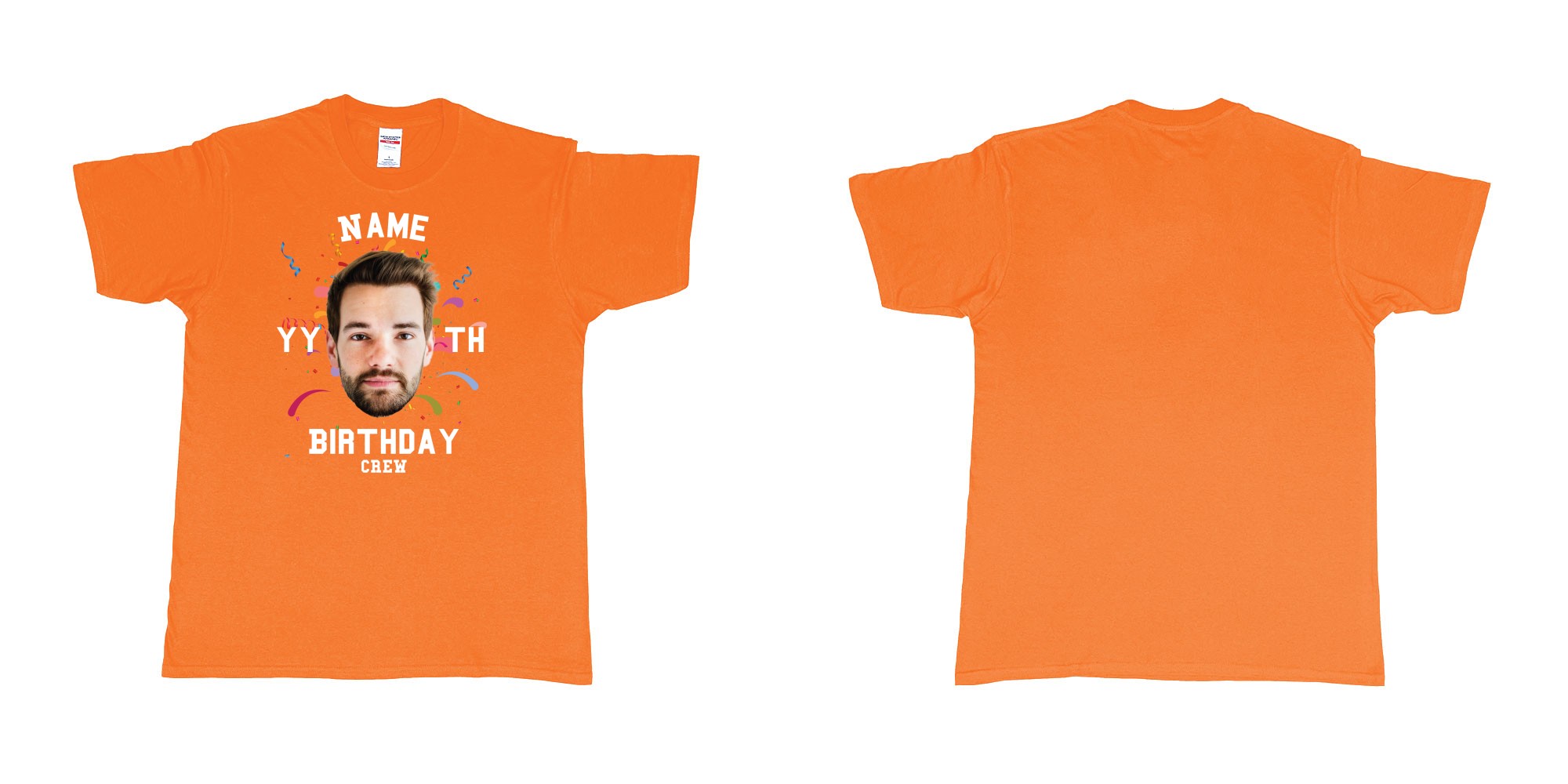 Custom tshirt design add own picture custom face confetti name year th birthday bash crew bali tshirt print in fabric color orange choice your own text made in Bali by The Pirate Way