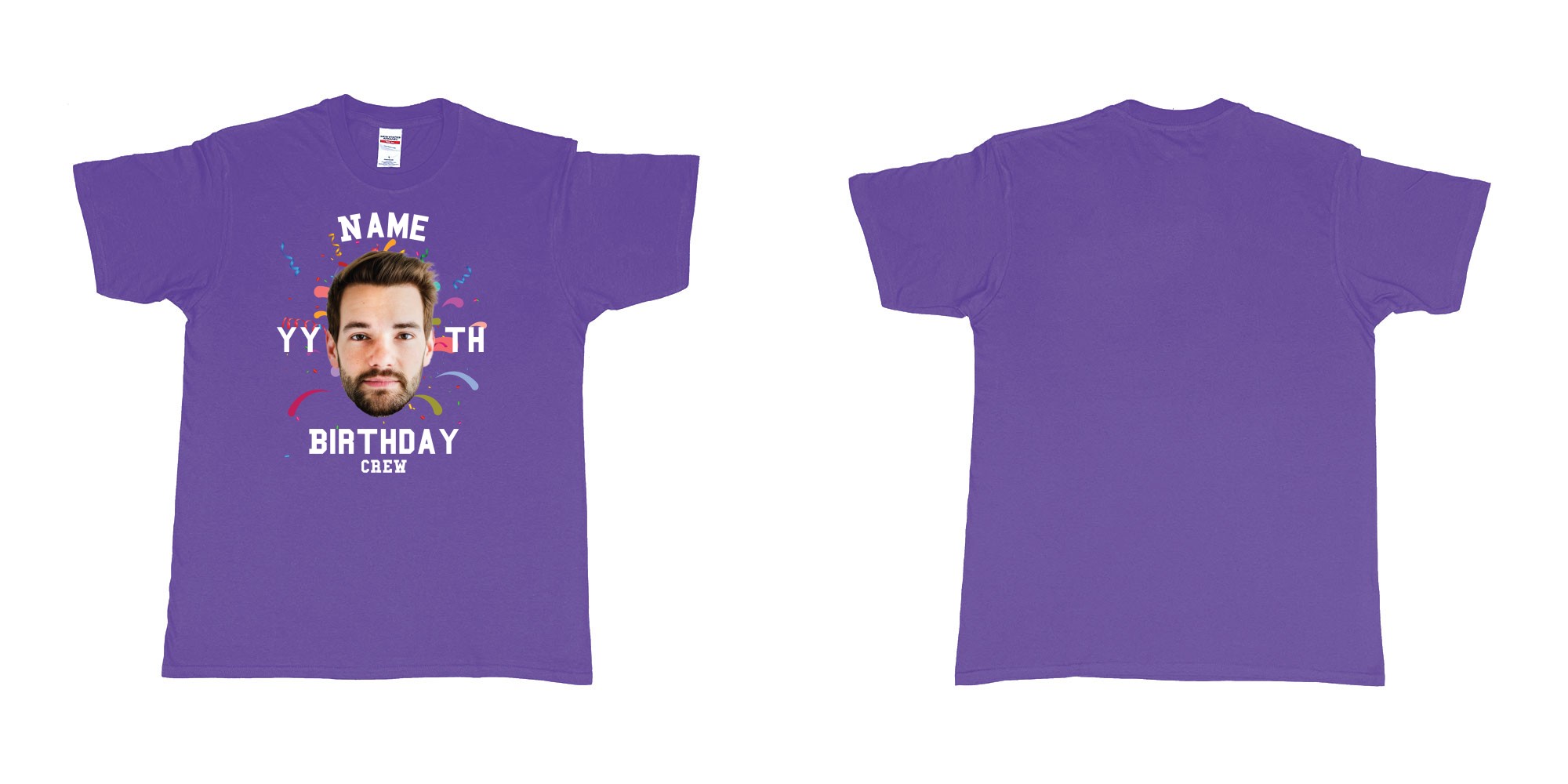 Custom tshirt design add own picture custom face confetti name year th birthday bash crew bali tshirt print in fabric color purple choice your own text made in Bali by The Pirate Way