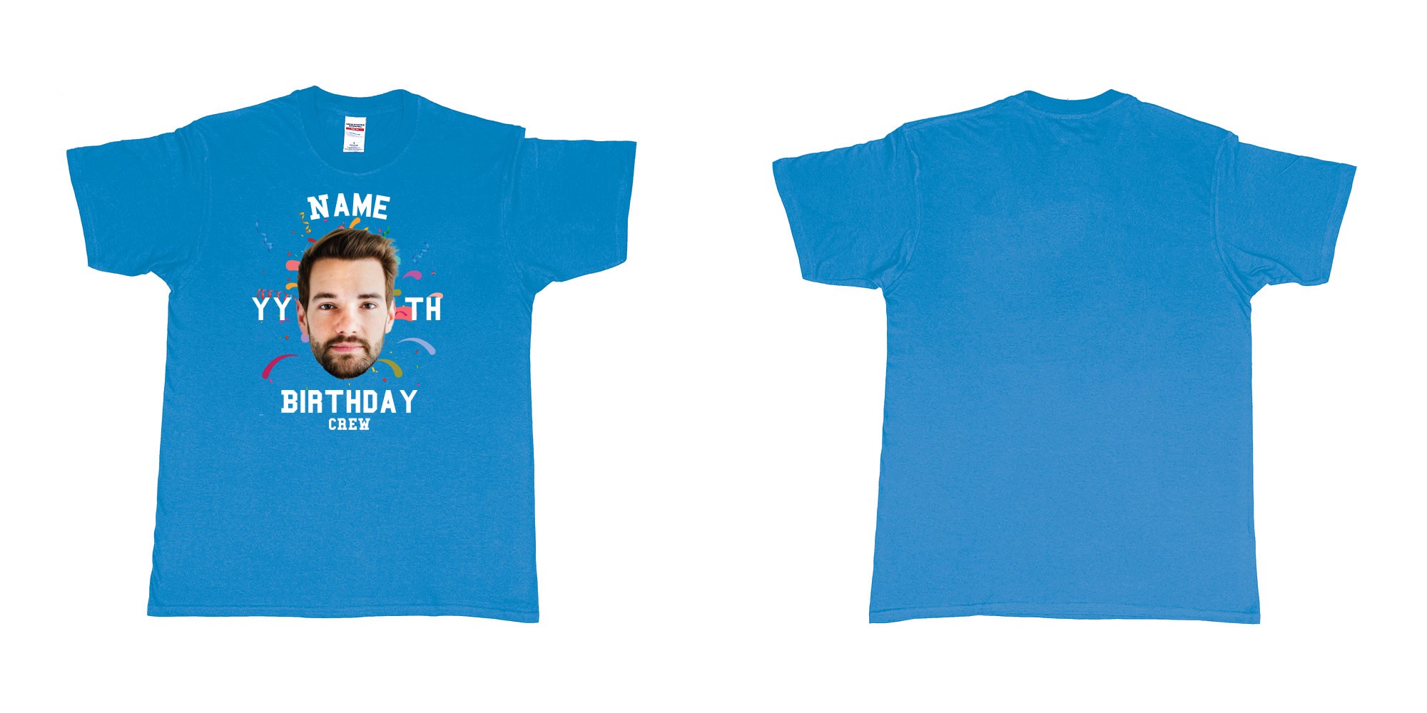 Custom tshirt design add own picture custom face confetti name year th birthday bash crew bali tshirt print in fabric color sapphire choice your own text made in Bali by The Pirate Way
