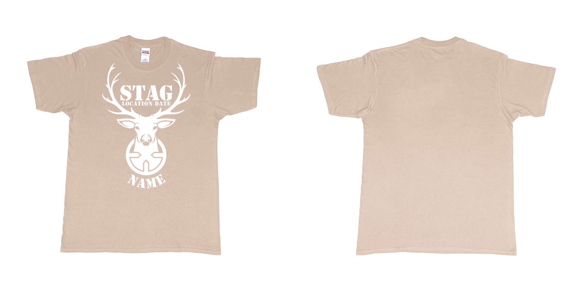 Custom tshirt design aiming for a stag custom tshirt print in fabric color sand choice your own text made in Bali by The Pirate Way