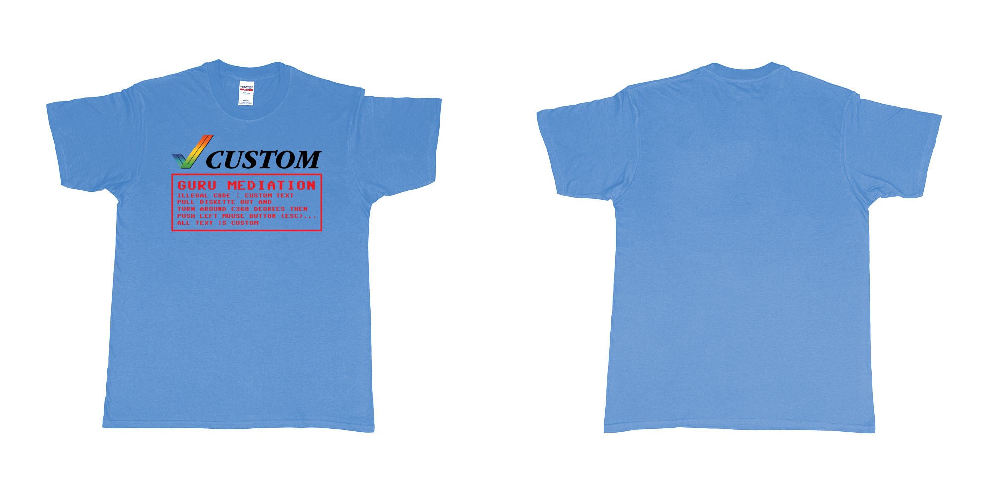 Custom tshirt design amiga guru mediation logo all custom text print in fabric color carolina-blue choice your own text made in Bali by The Pirate Way