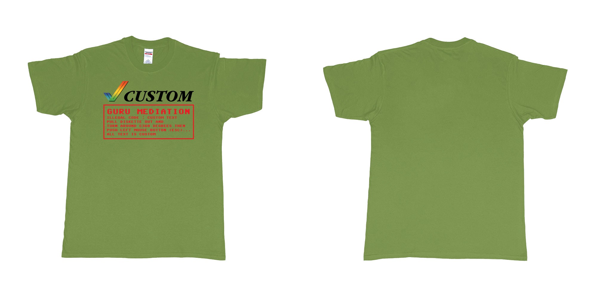 Custom tshirt design amiga guru mediation logo all custom text print in fabric color military-green choice your own text made in Bali by The Pirate Way