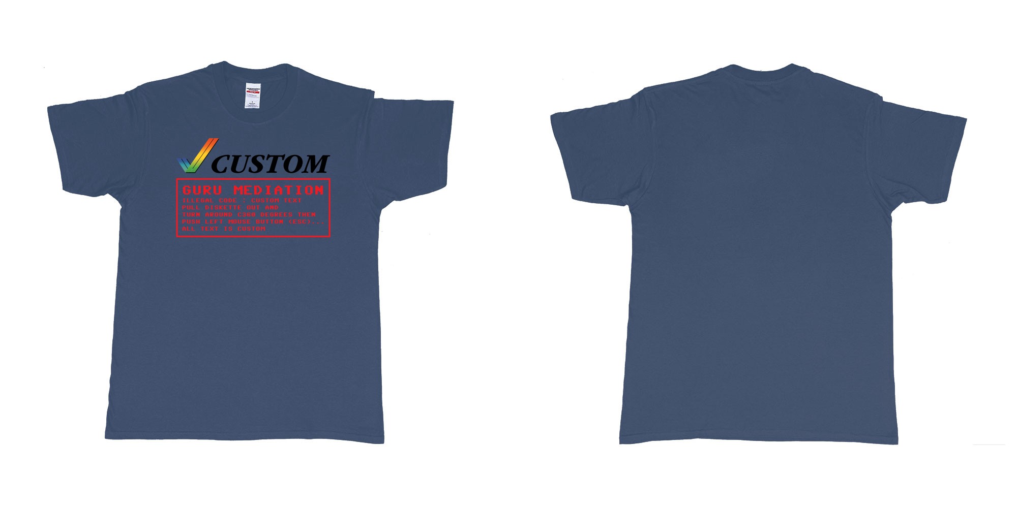 Custom tshirt design amiga guru mediation logo all custom text print in fabric color navy choice your own text made in Bali by The Pirate Way