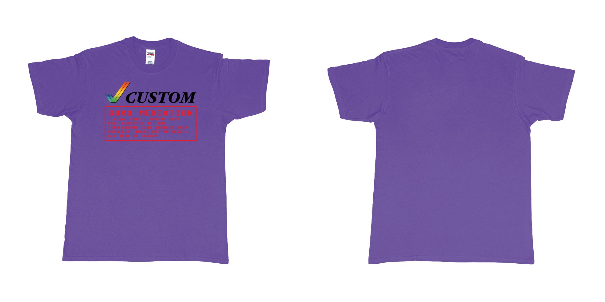 Custom tshirt design amiga guru mediation logo all custom text print in fabric color purple choice your own text made in Bali by The Pirate Way