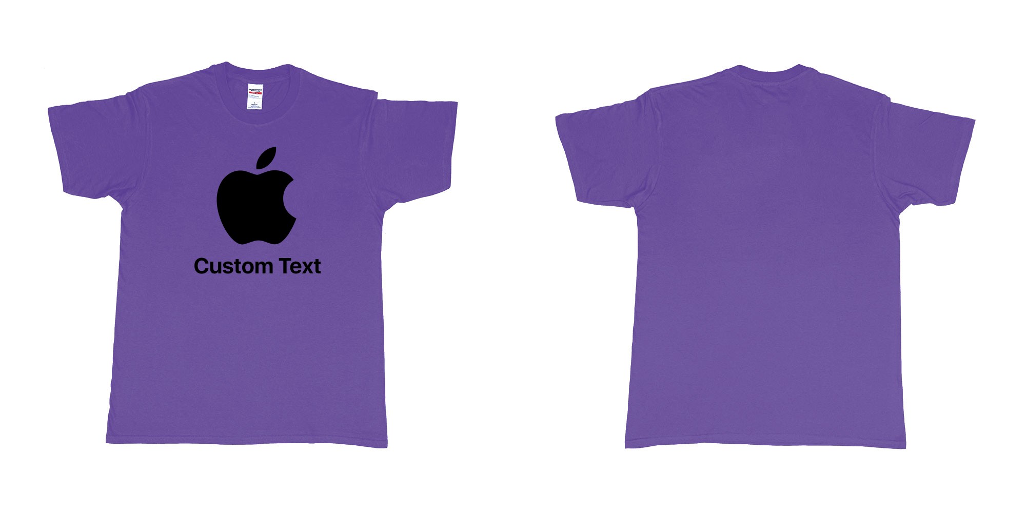 Custom tshirt design apple logo add custom text print bali in fabric color purple choice your own text made in Bali by The Pirate Way