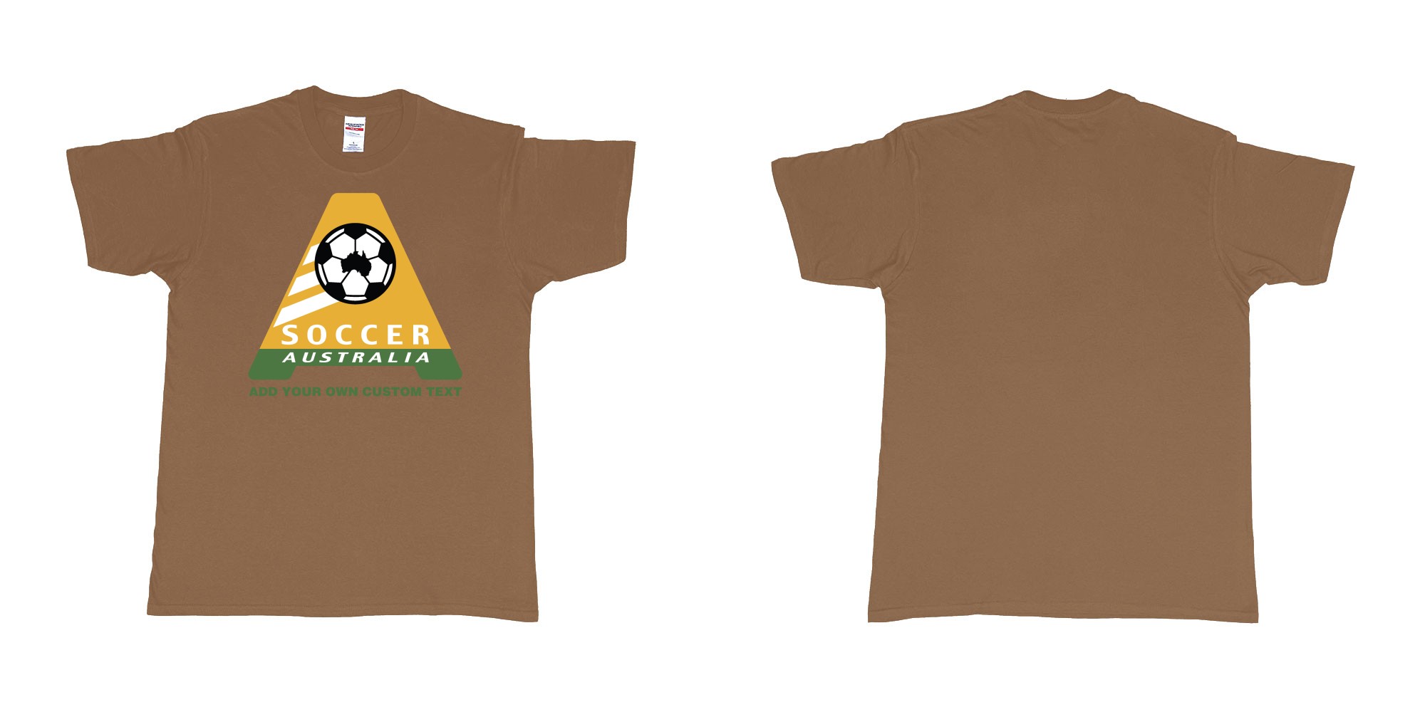 Custom tshirt design australia soccer football australian flag add custom text print bali in fabric color chestnut choice your own text made in Bali by The Pirate Way