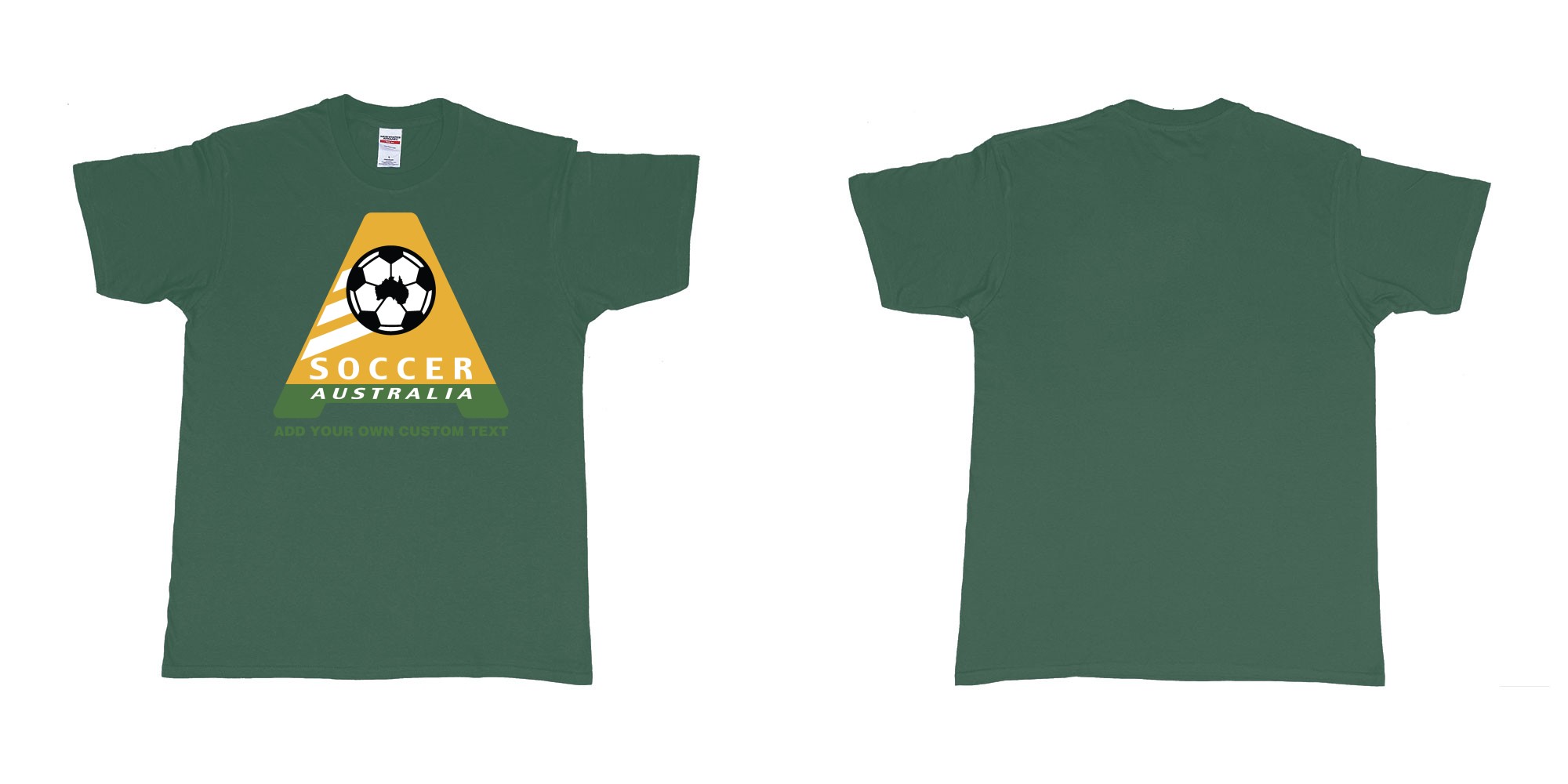 Custom tshirt design australia soccer football australian flag add custom text print bali in fabric color forest-green choice your own text made in Bali by The Pirate Way