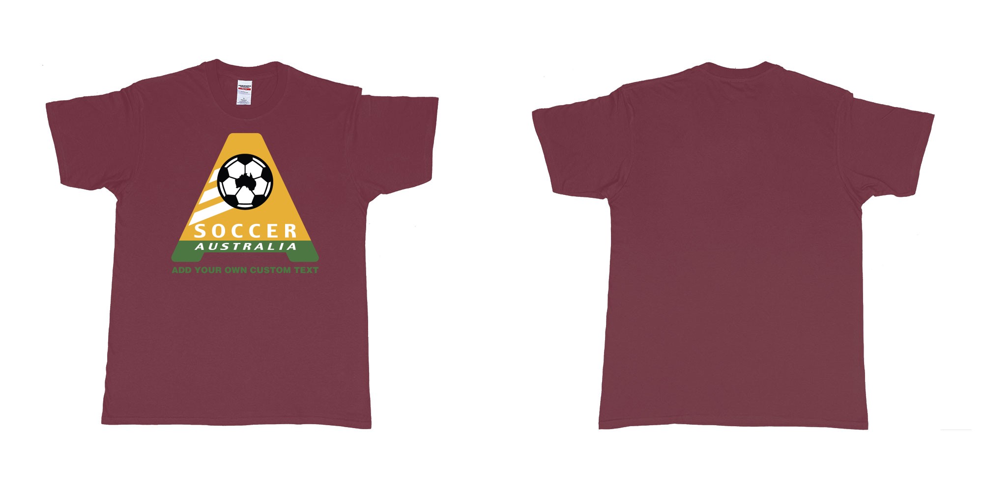 Custom tshirt design australia soccer football australian flag add custom text print bali in fabric color marron choice your own text made in Bali by The Pirate Way