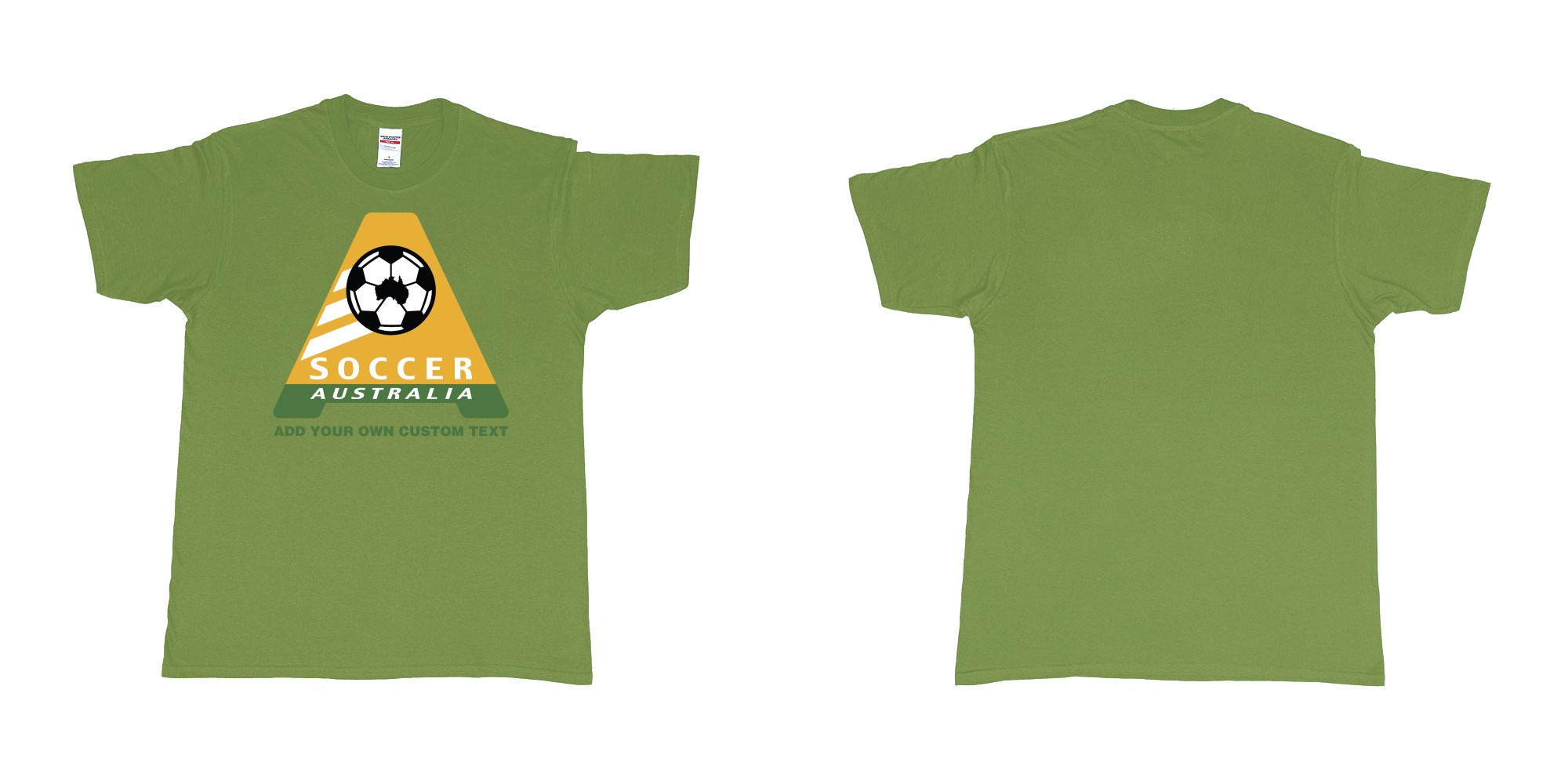 Custom tshirt design australia soccer football australian flag add custom text print bali in fabric color military-green choice your own text made in Bali by The Pirate Way