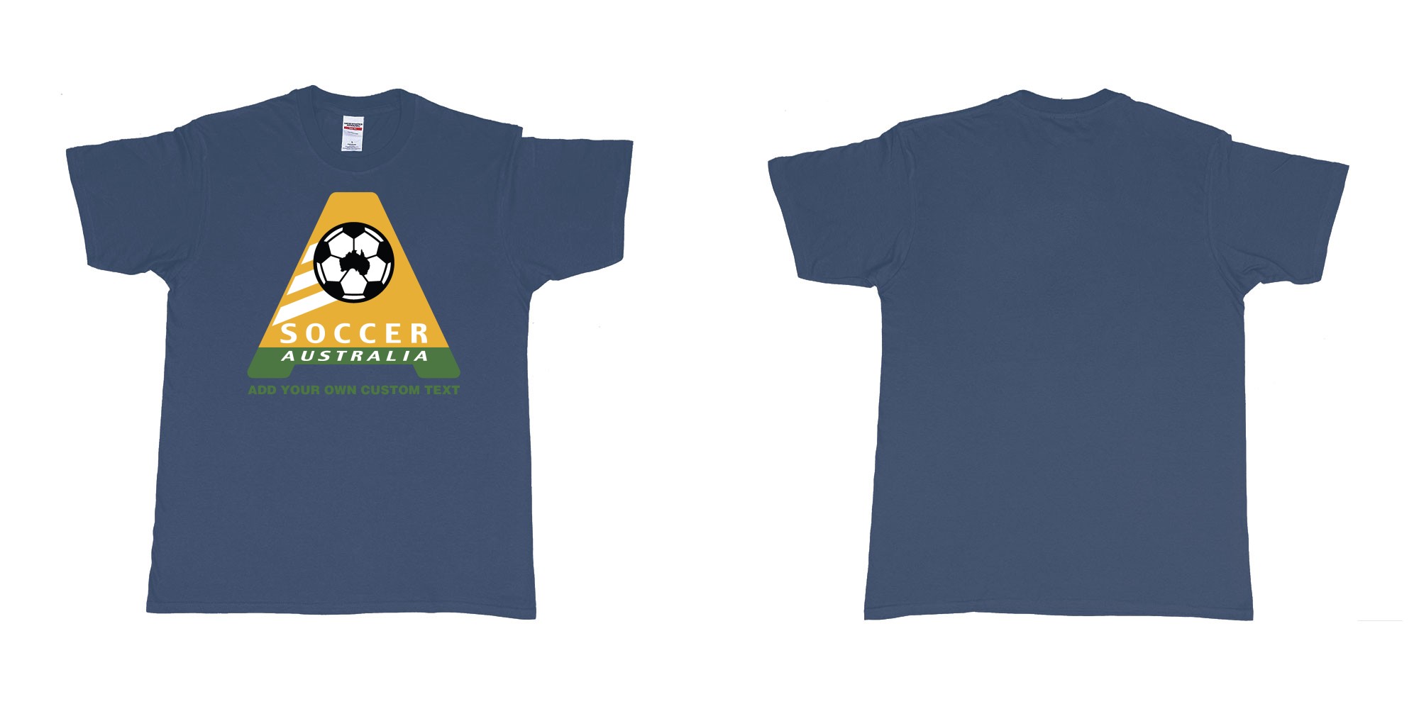 Custom tshirt design australia soccer football australian flag add custom text print bali in fabric color navy choice your own text made in Bali by The Pirate Way