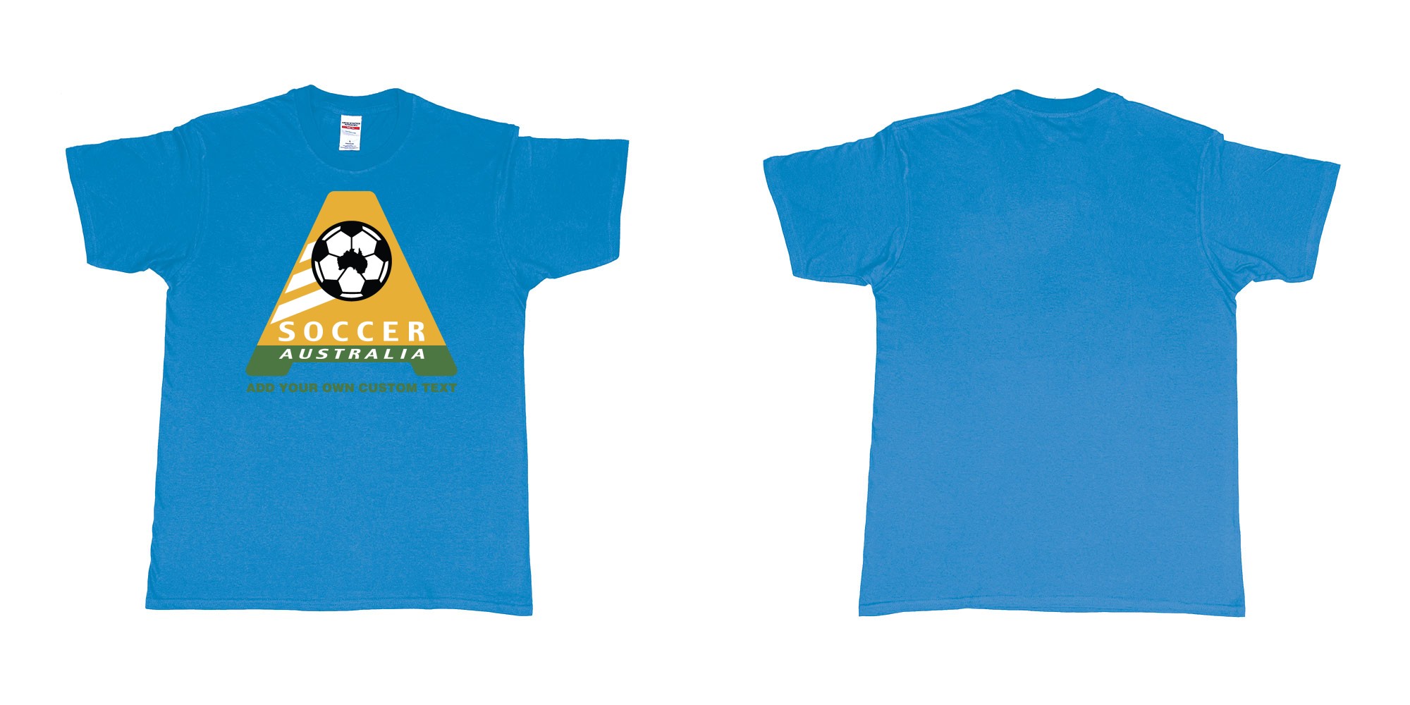 Custom tshirt design australia soccer football australian flag add custom text print bali in fabric color sapphire choice your own text made in Bali by The Pirate Way