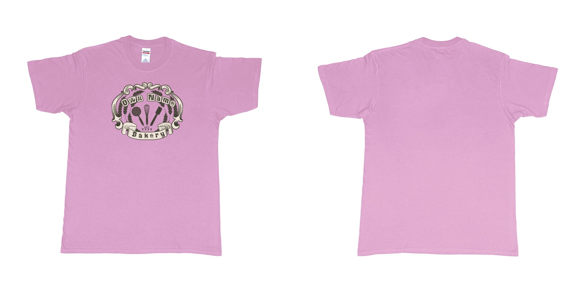 Custom tshirt design bakery vintage own logo teeshirt screen printing bali in fabric color light-pink choice your own text made in Bali by The Pirate Way