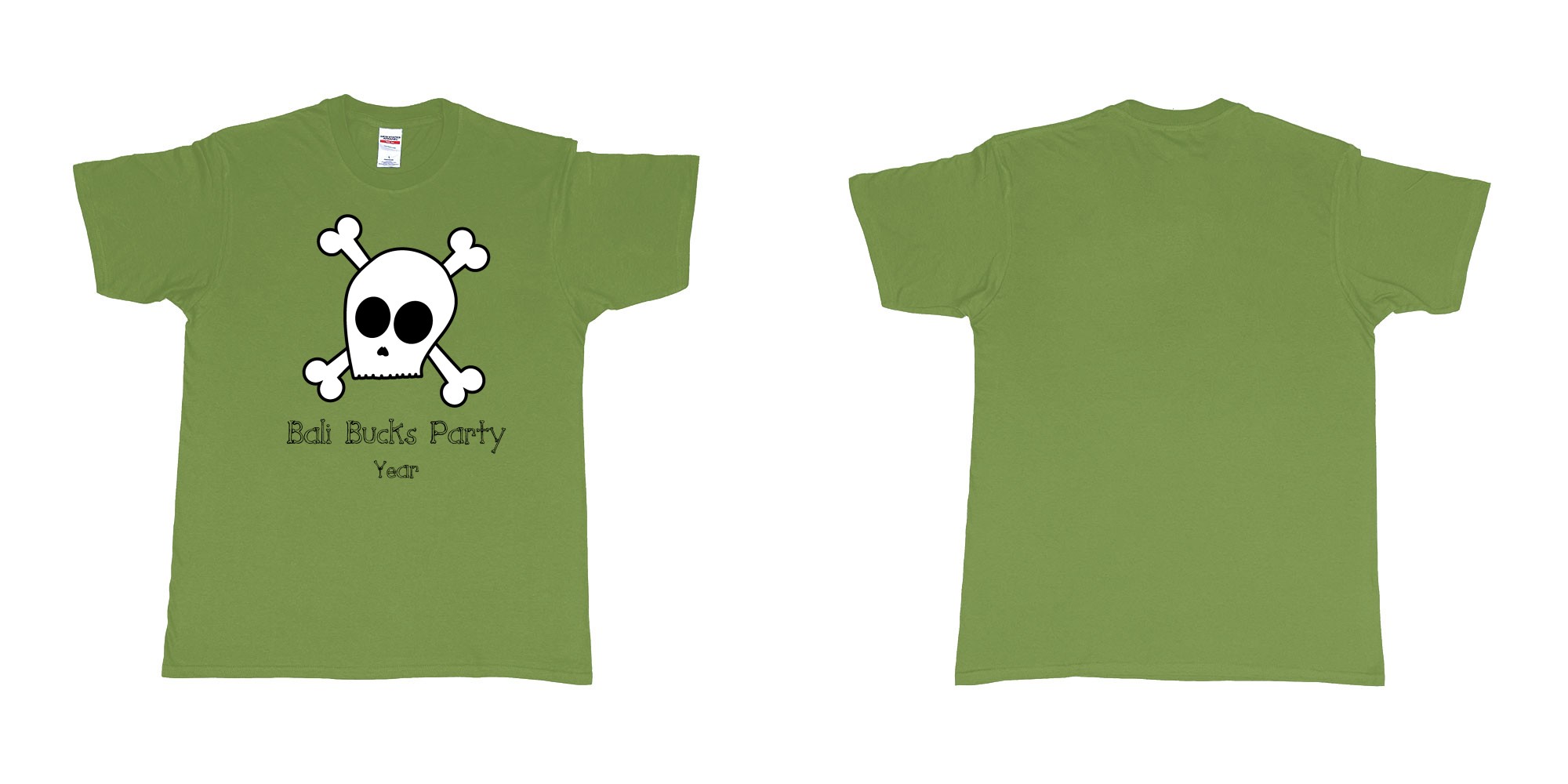 Custom tshirt design bali bucks party skull in fabric color military-green choice your own text made in Bali by The Pirate Way
