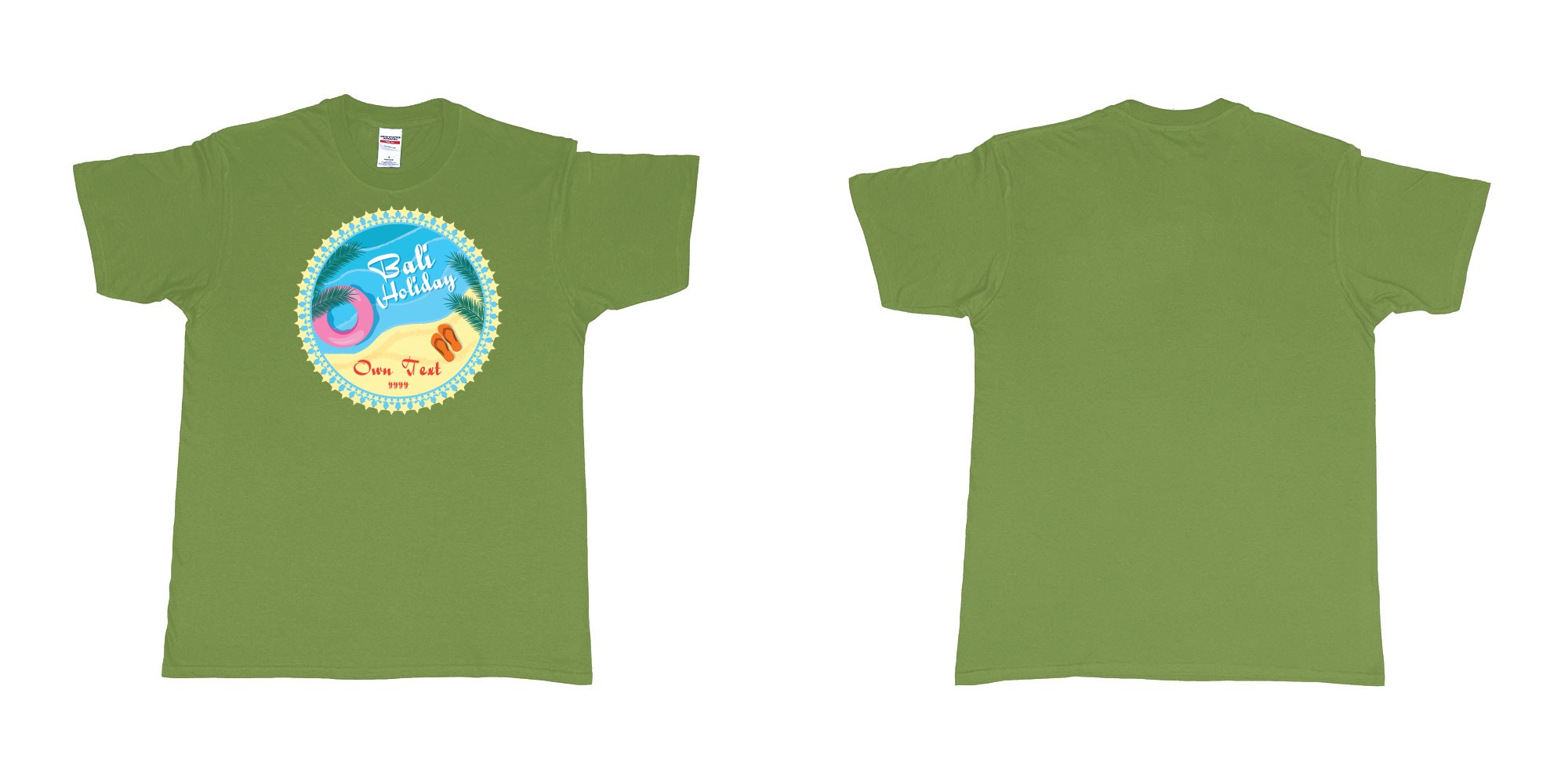 Custom tshirt design bali holiday own text year beach sandals palm leafs custom print in fabric color military-green choice your own text made in Bali by The Pirate Way