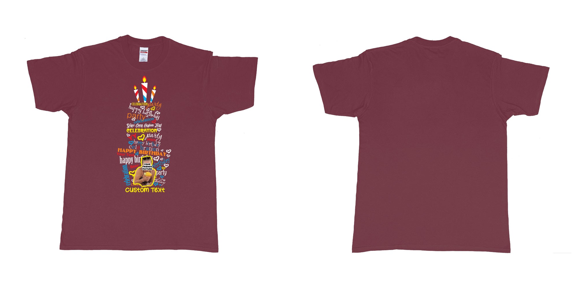 Custom tshirt design birthday cake custom words text own picture celebrate your friends birthday in bali in fabric color marron choice your own text made in Bali by The Pirate Way