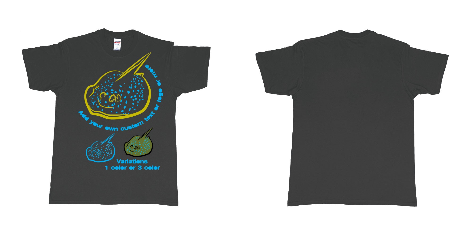 Custom tshirt design blue spotted stingray in fabric color black choice your own text made in Bali by The Pirate Way