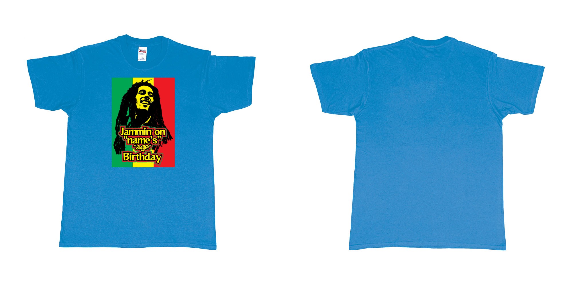 Custom tshirt design bob marley jammin on custom names birthday in fabric color sapphire choice your own text made in Bali by The Pirate Way