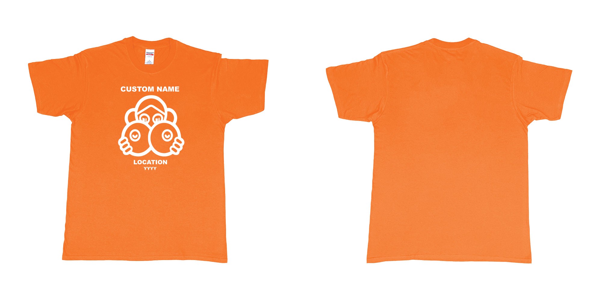 Custom tshirt design boob girl custom name location in fabric color orange choice your own text made in Bali by The Pirate Way
