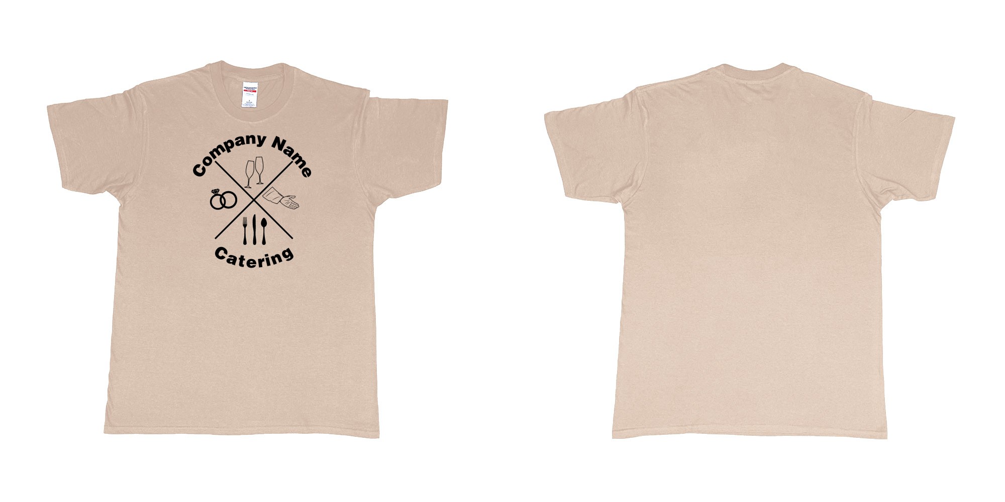 Custom tshirt design catering 4 icons wedding rings glasses helping hand cutlery in fabric color sand choice your own text made in Bali by The Pirate Way
